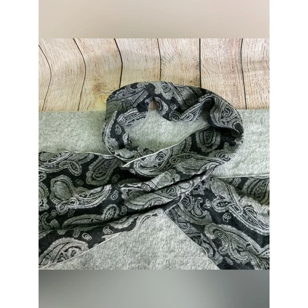 Black & Gray 100% Cashmere Paisley Fringe Scarf